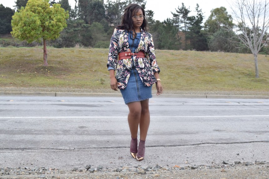 Denim dress, floral blazer covered with red belt, Bronze Christian Louboutin with red sparkle socks. 