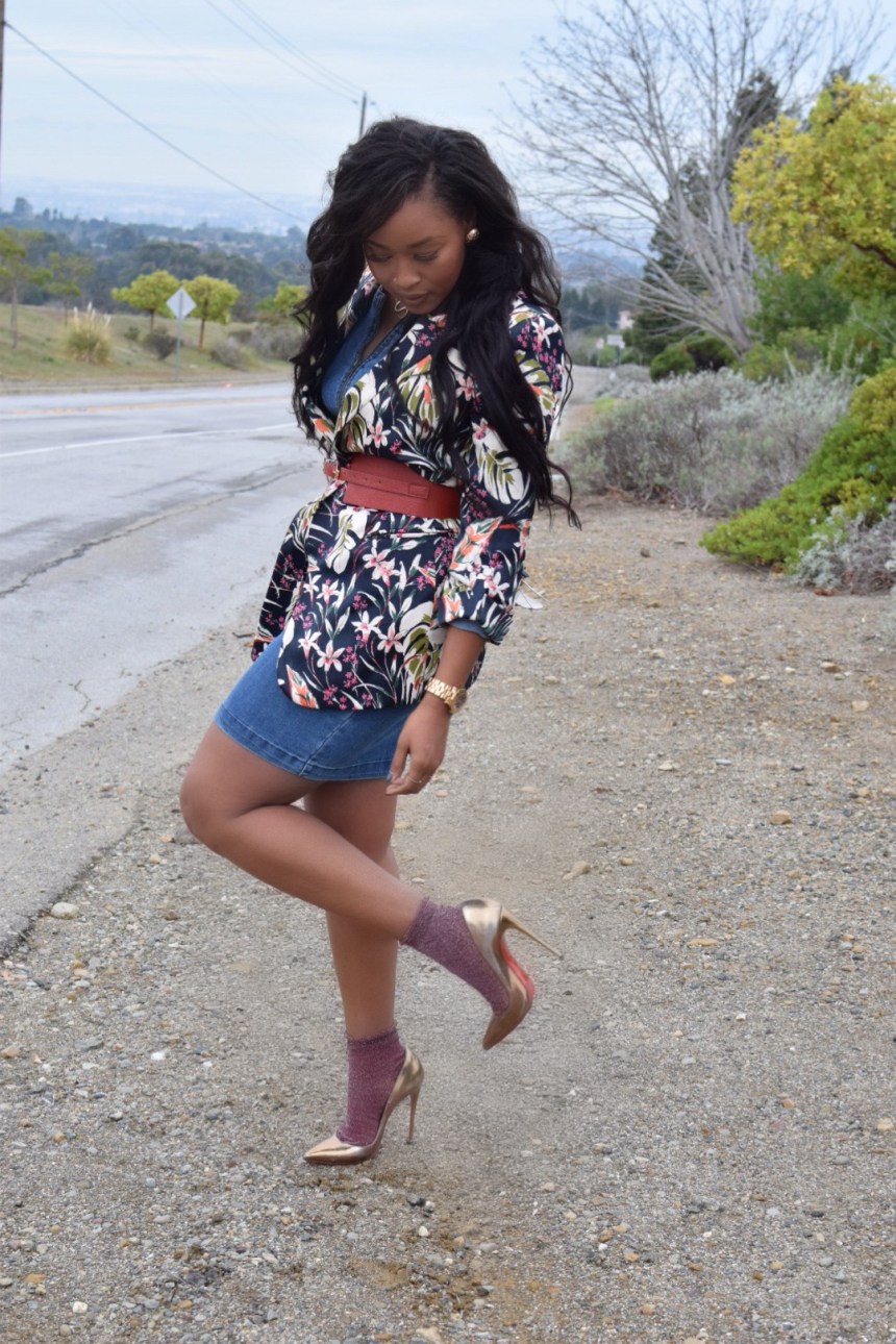 Denim dress, floral blazer covered with red belt, Bronze Christian Louboutin with red sparkle socks. 