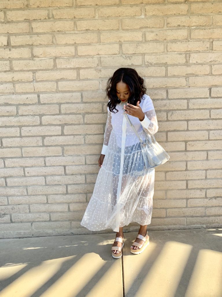 Mother's Day Recap + A Relaxing Weekend blog post by Steffanie Monae. Wearing Zara all white sheer polk a dot dress, Topshop shorts and Steve Madden sports sandals. www.steffaniemonae.com