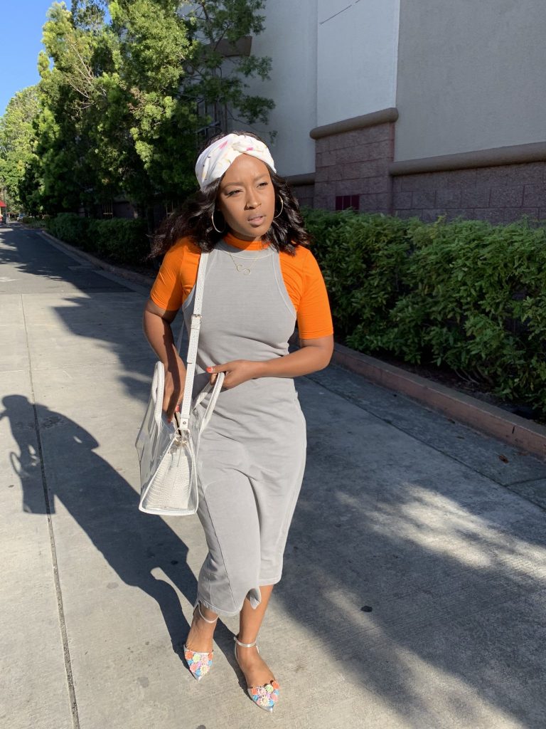 Refill and Refresh! Spring/Summer Neon Brights Worn Right!  from fashion and lifestyle blog Steffanie Monae at steffaniemonae.com. Wearing a Nordstrom Midi dress, Asos Women top, Asos floral flats, Zara Women city bag and target headband. 