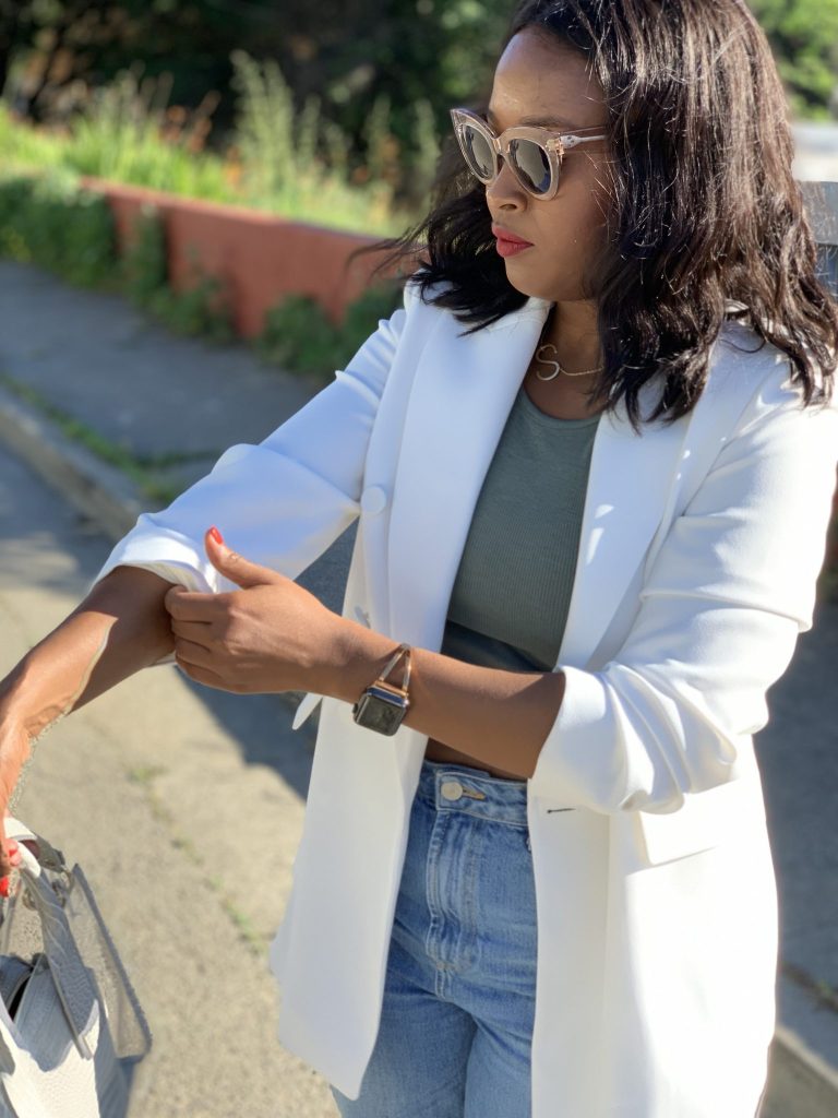 White Zara Blazer, Topshop crop top, Topshop Cropped denim, Zara clear bag, F21 Sport Sandals 