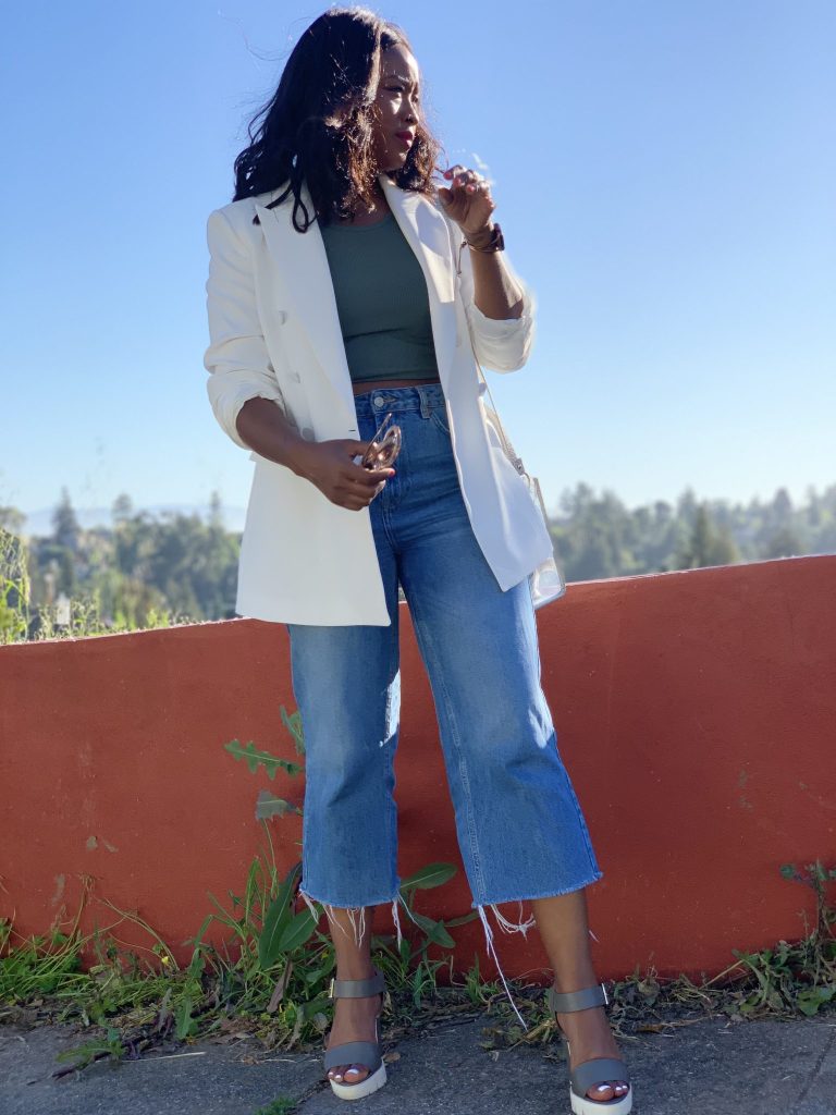 White Zara Blazer, Topshop crop top, Topshop Cropped denim, Zara clear bag, F21 Sport Sandals 