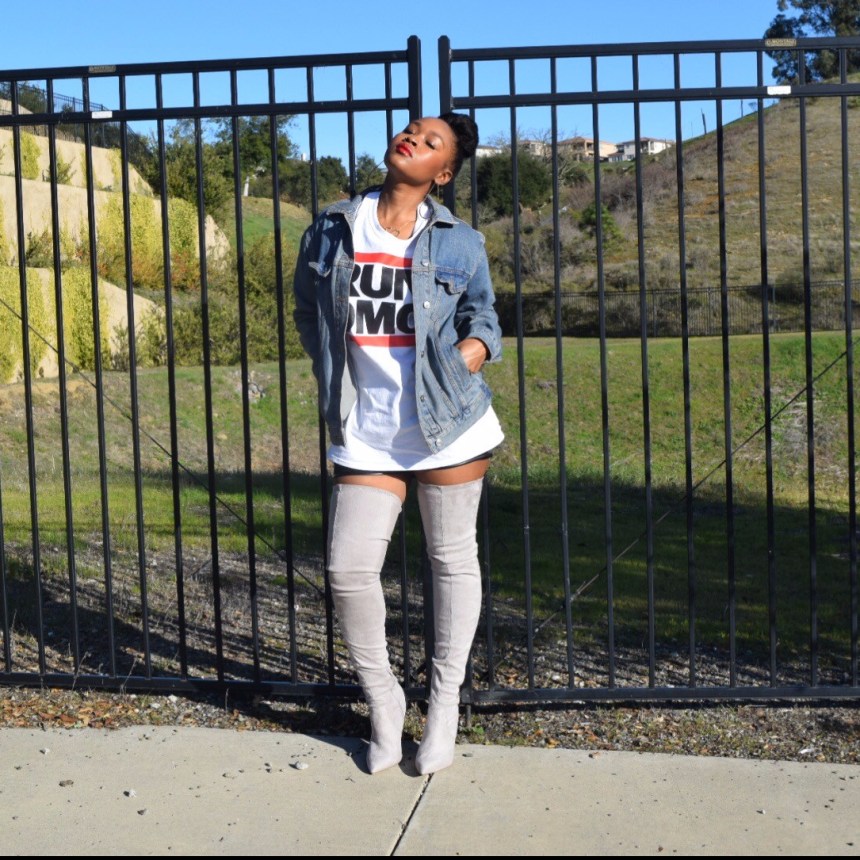 Topshop Run DMC Logo Tee. ASOS Thigh High Grey Boots