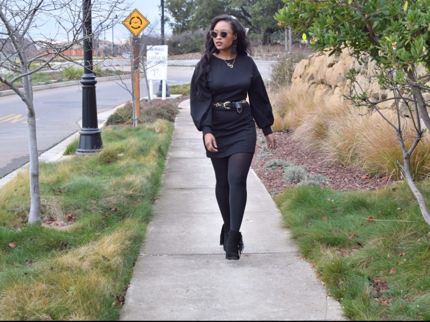 All Black dress with balloon sleeves from Zara and black leather embellished belt from Topshop