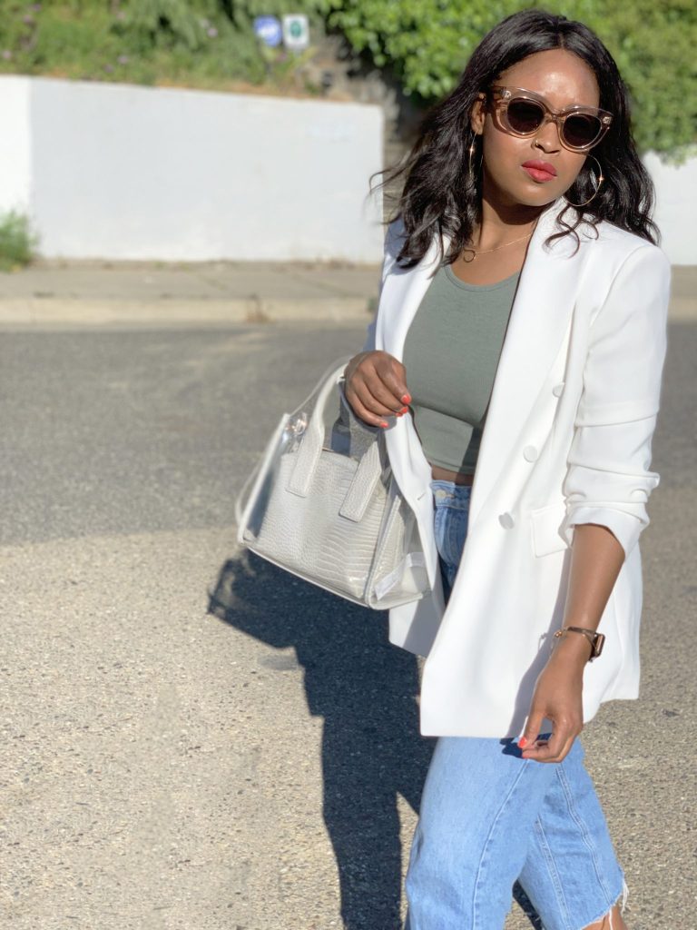 White Zara Blazer, Topshop crop top, Topshop Cropped denim, Zara clear bag, F21 Sport Sandals 