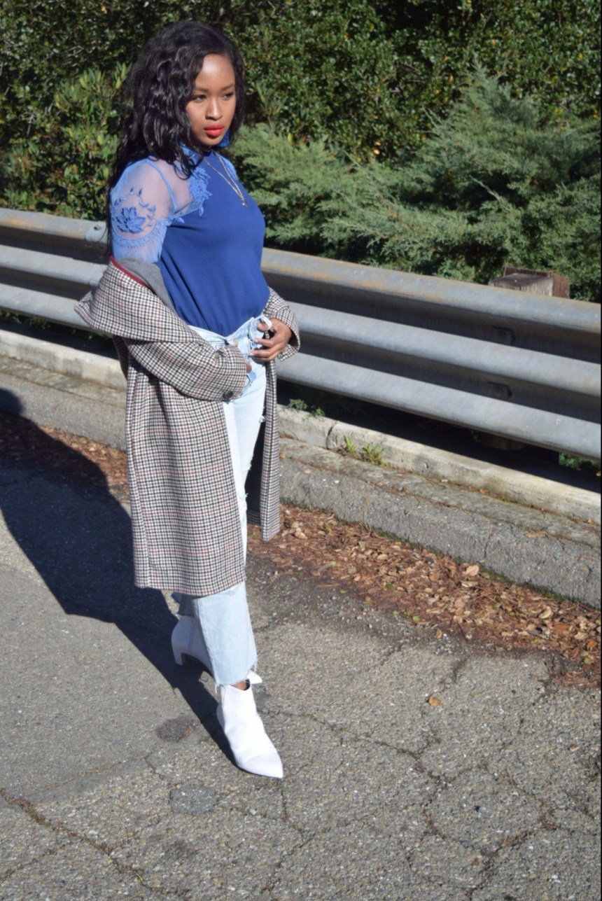 Blue Free People Top, Light Wash Free People Denim, White Ankle Boots And Topshop Jacket