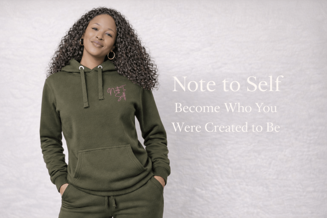 a womaning wearing a green sweatsuite. Top reads Note To Self and Bottoms read Sis, You got this in pink embroidered