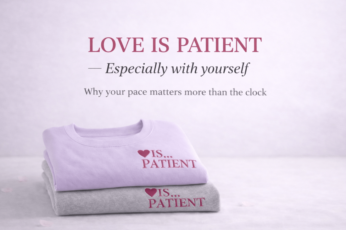 Lavender Love Is Patient crewneck sweatshirt styled on a soft neutral background with the words “Love Is Patient — Especially With Yourself,” representing intentional living, patience, and self-compassion.