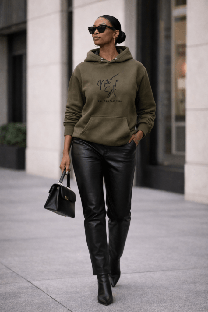 Woman wearing an olive green “Note to Self: Sis, You Got This!” hoodie styled with black leather pants, sunglasses, and ankle boots, walking confidently on a city sidewalk with a structured handbag.