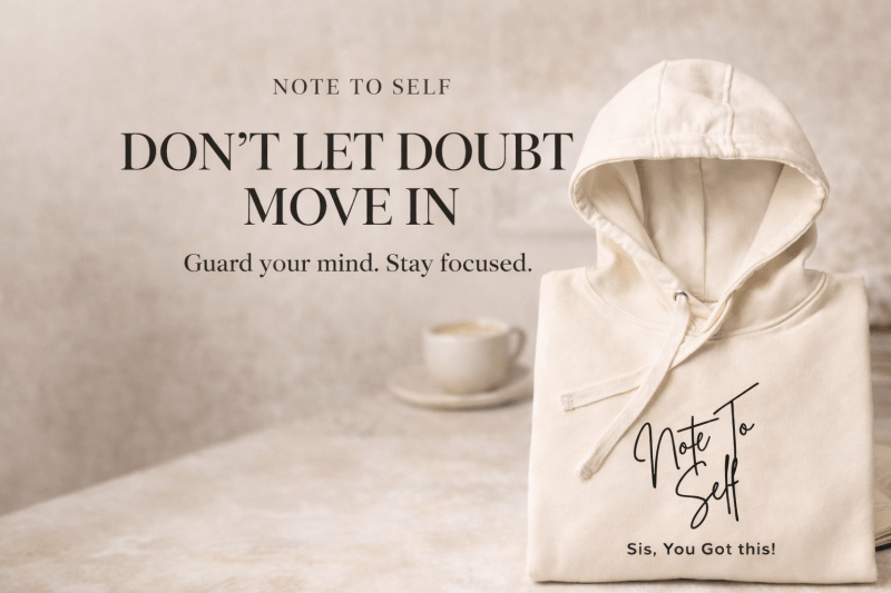 Neutral-toned blog image featuring a folded cream hoodie that says “Note to Self: Sis, You Got This!” beside a coffee cup, with the quote “Don’t Let Doubt Move In. Guard your mind. Stay focused.” displayed above.