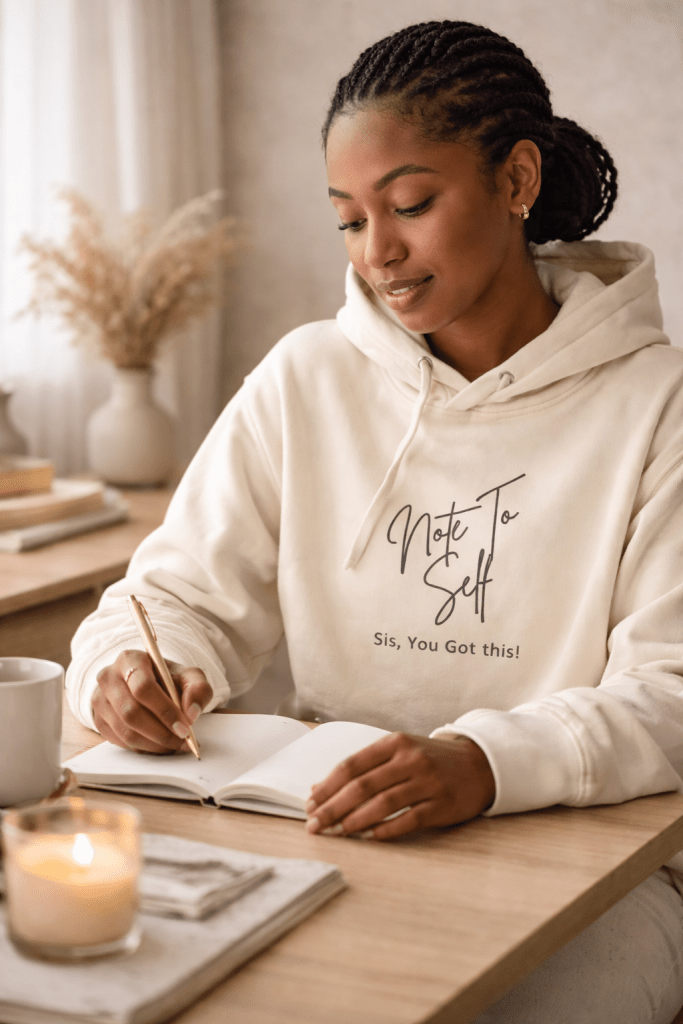 Woman wearing a cream “Note to Self: Sis, You Got This!” hoodie writing in a journal at a cozy desk with a candle and coffee nearby.