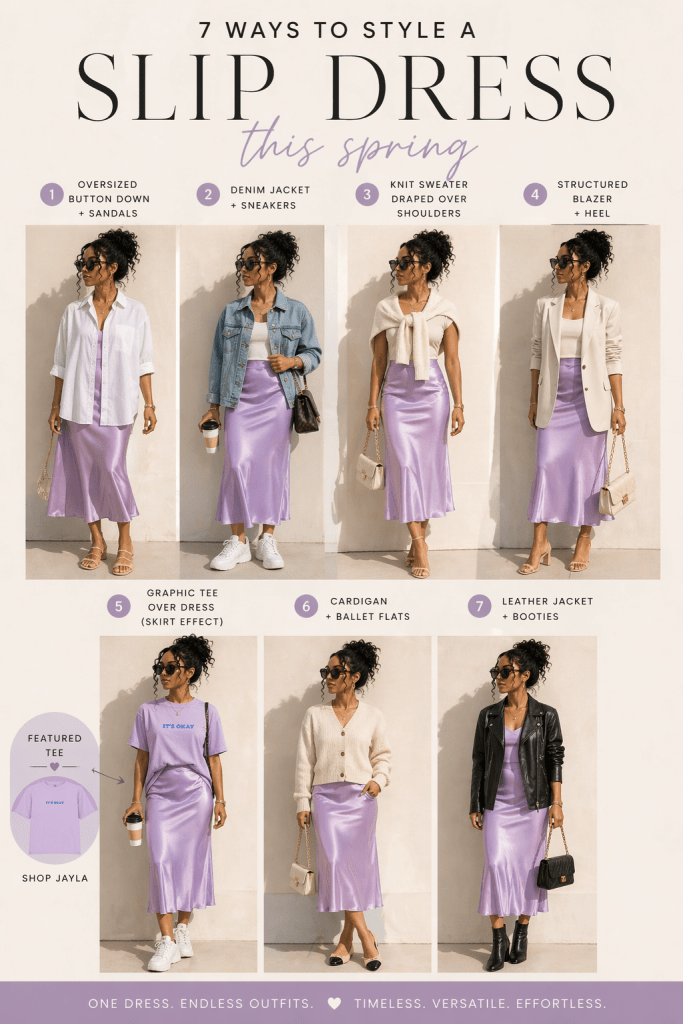 7 ways to style a slip dress for spring including blazer sneakers cardigan graphic tee leather and denim jacket outfits 