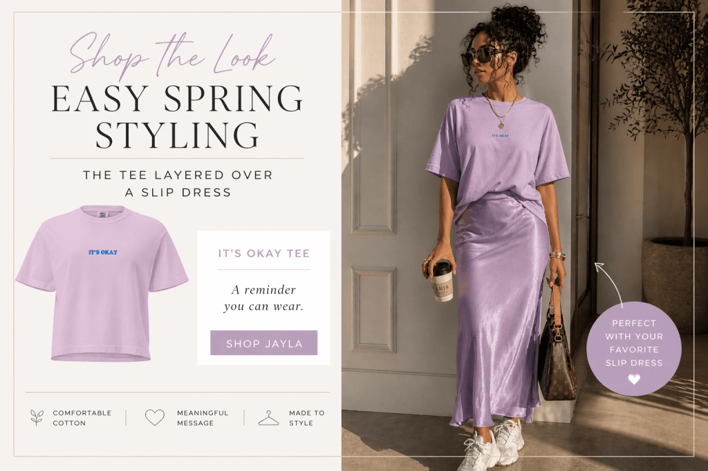 Lavender its Okay graphic tee layered over satin slip dress for spring outfit ideas from shop Jayla