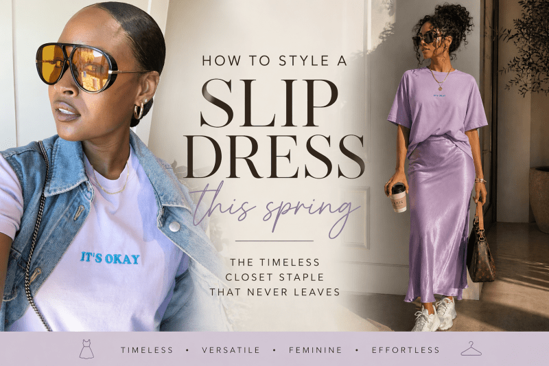 Black woman styling a slip dress with graphic tee and denim layers for spring outfit ideas