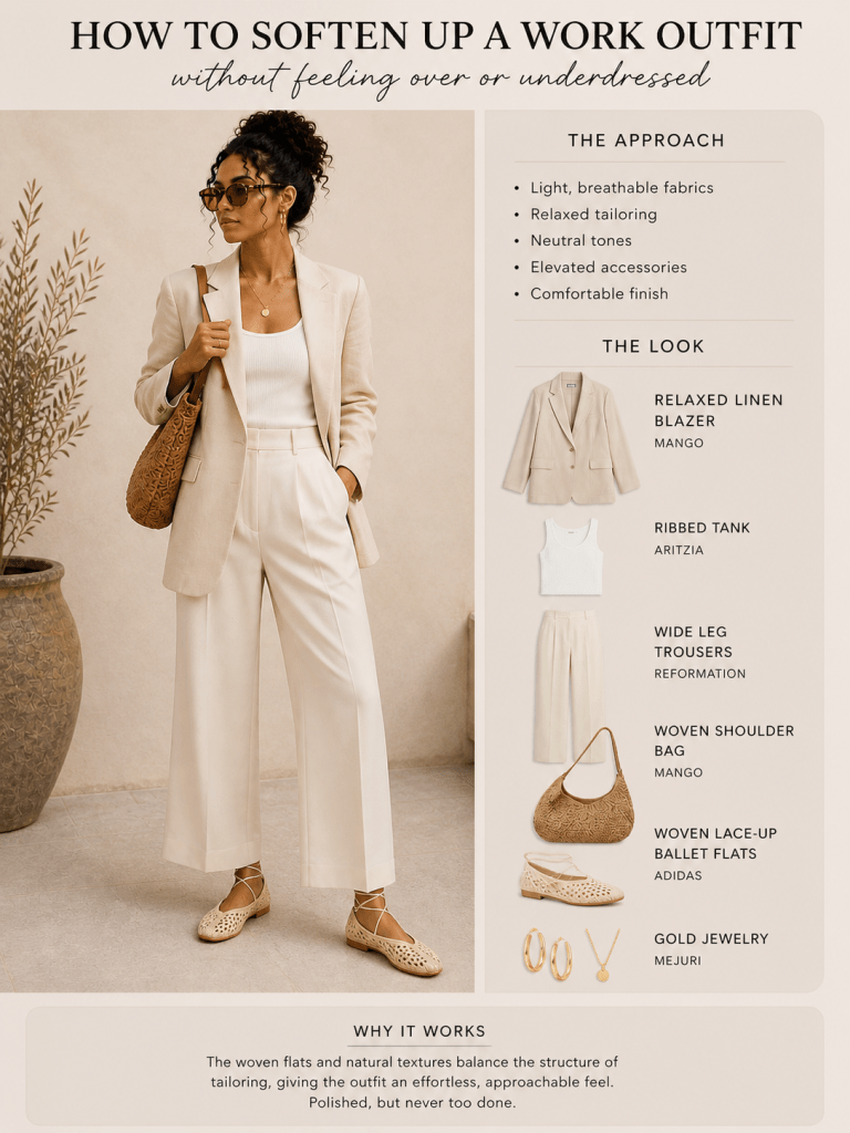 Neutral workwear outfit styled with woven ballet flats, relaxed tailoring, and elevated accessories