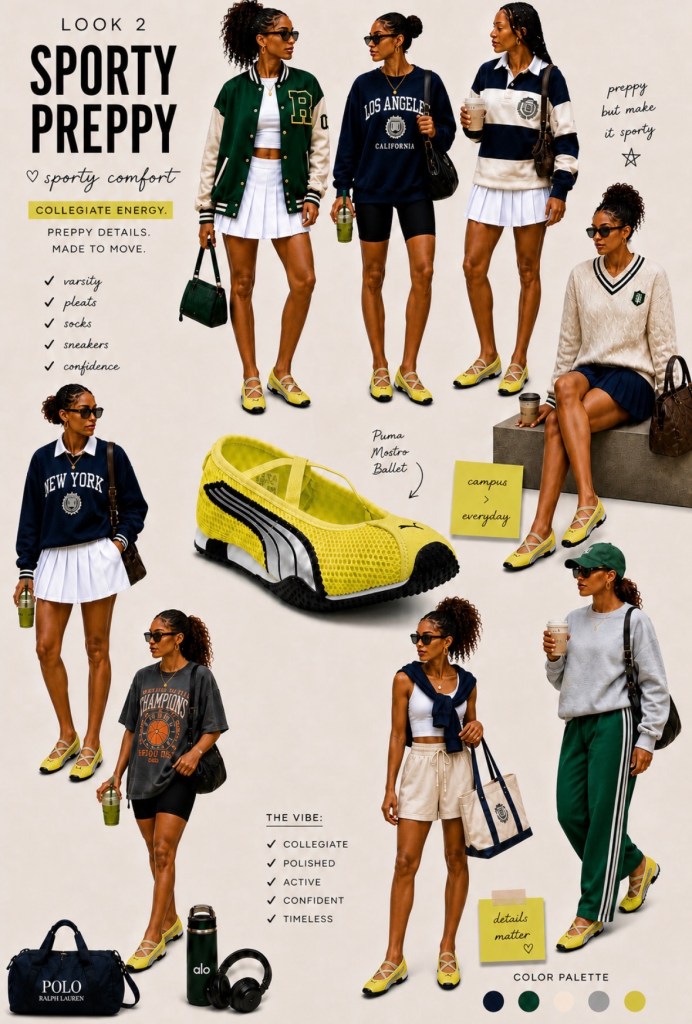 Sporty prep outfit idea featuring ballet sneakers, a pleated skirt, layered sweater, and sunglasses