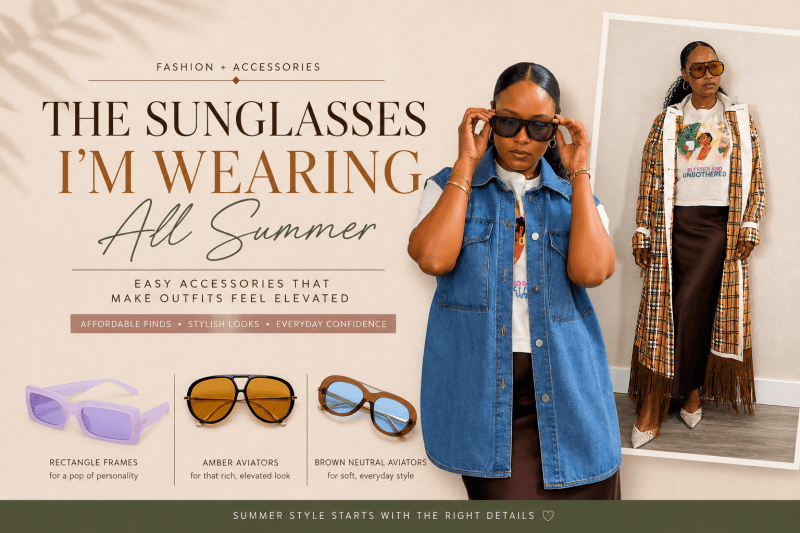 Steffanie Monae wearing oversized black sunglasses with a denim vest and satin skirt alongside a second outfit featuring amber aviator sunglasses and a fringe plaid duster, styled in a neutral fashion blog banner showcasing affordable summer sunglasses trends and elevated everyday style.