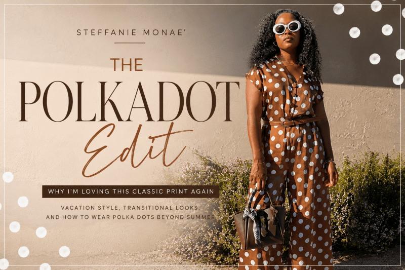 Chocolate brown and butter yellow polka dot outfit styled for early fall with a faux leather jacket, knee-high boots, structured handbag, and gold accessories. Fashion inspiration for how to wear polka dots into fall.